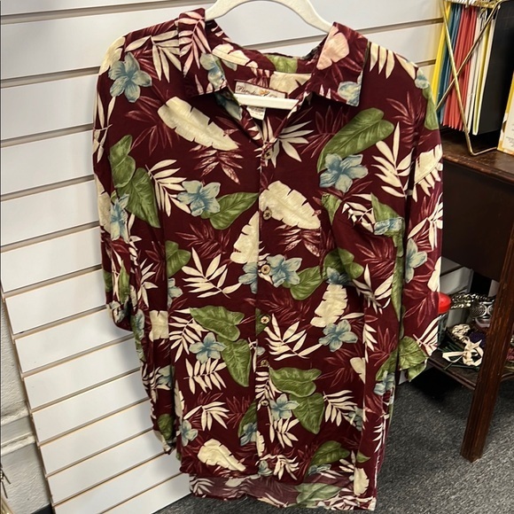 Red and Green Casual Button Down Shirt with Tropical Print - Picture 1 of 3